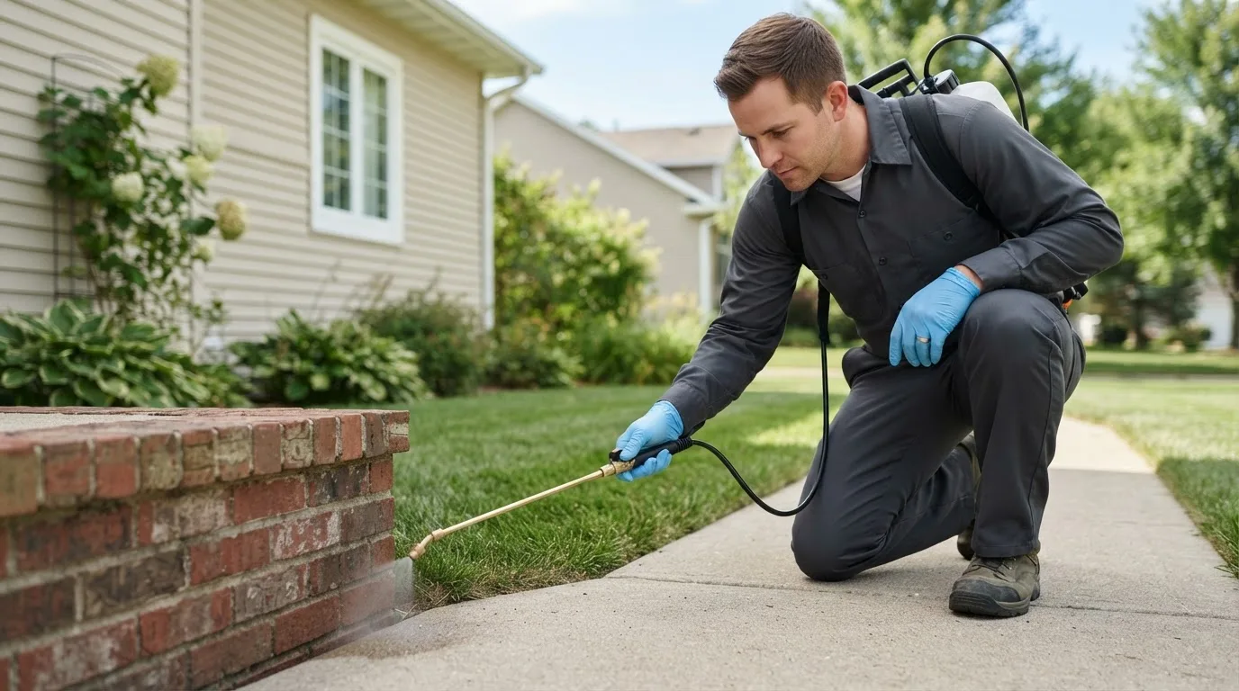 Pest control technician treating a home near Van Wert, OH